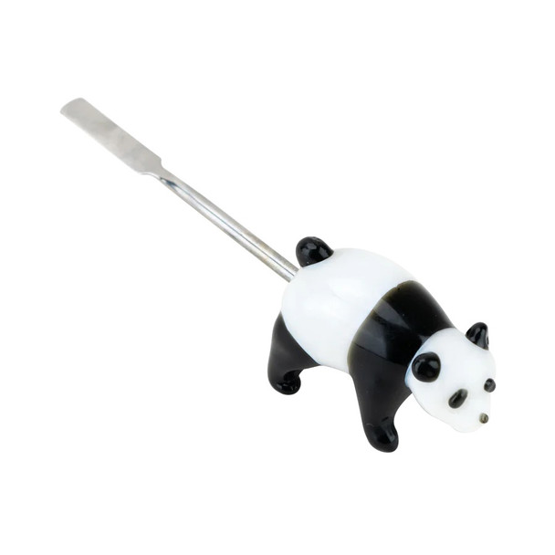 Wholesale panda-shaped borosilicate dab tool with flat stainless tip, 4.5-inch black-white figure angled front view for head-shop buyers