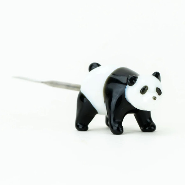 Wholesale panda dabber three-quarter angle showing glossy glass body with rear metal handle extending, novelty 4.5-inch wax tool