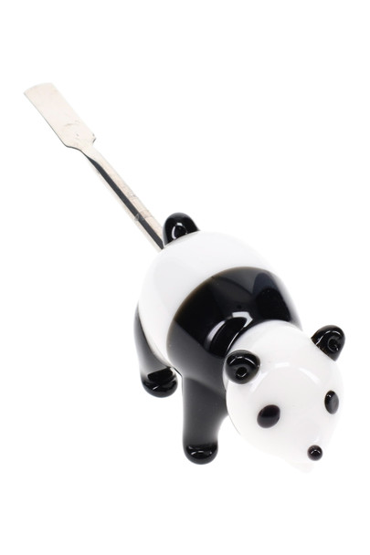 Head-shop supplies panda dabber top-down angle, black-white glass body and silver tip highlighted, 4.5-inch handcrafted dabbing tool