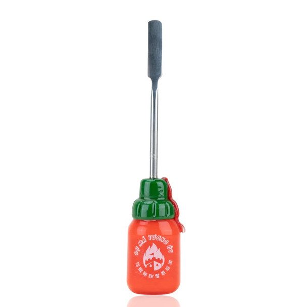 Retail smoke gear sriracha dab tool on white, orange borosilicate bottle with metal tip, full 4.5-inch height