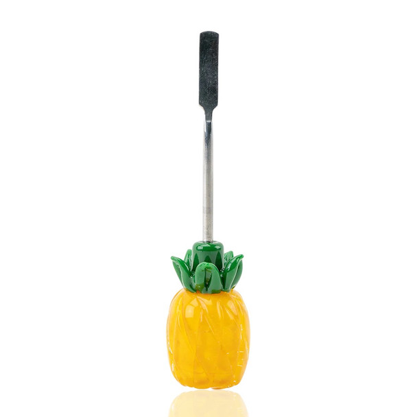 Wholesale novelty pineapple glass dabber upright, yellow borosilicate body with green crown, 4.5-inch front view