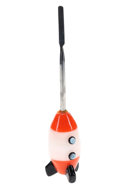 Wholesale rocket ship dabber upright view, red-white borosilicate body, black fins, steel spatula tip, 4.5-inch length