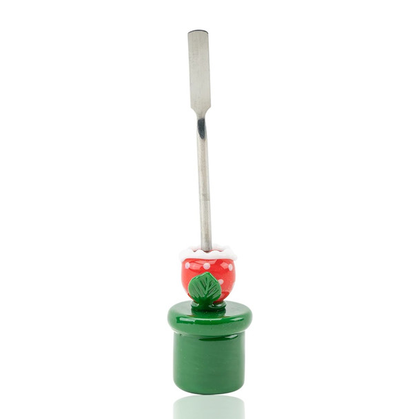 Bulk head-shop piranha plant dabber side view; red dotted head, green stem, steel blade tip, 4-inch concentrate accessory
