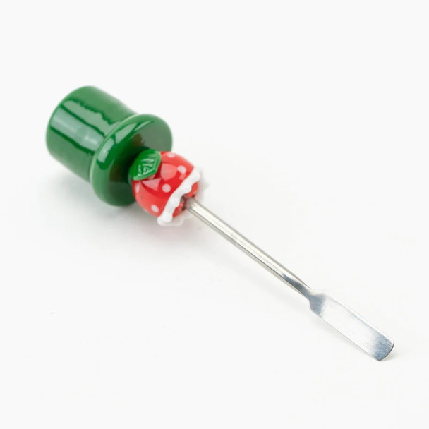 Retail smoke gear piranha plant glass dab tool angled on white; green stalk holds red cap, steel scoop tip shown, 4-inch novelty