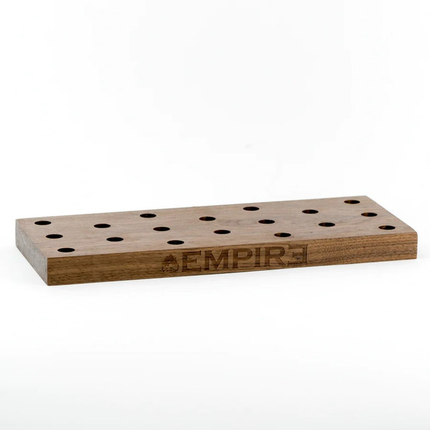 Minimal white-background view of empty wooden stand showing hole layout and bevel; 12" retail display for 14.5 mm slide bowls, B2B catalog image.