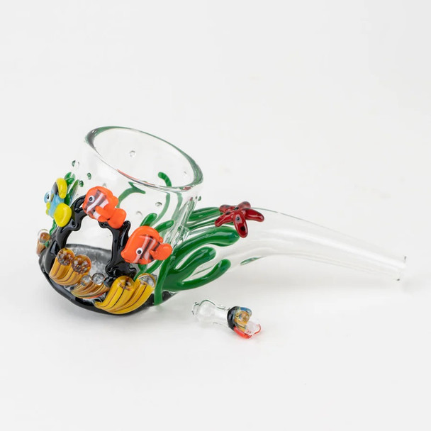 Sherlock body with removable coral ball cap beside it; clear glass with reef sculpture, wholesale angle. Sherlock body with removable coral ball cap beside it; clear glass with reef sculpture, wholesale angle.