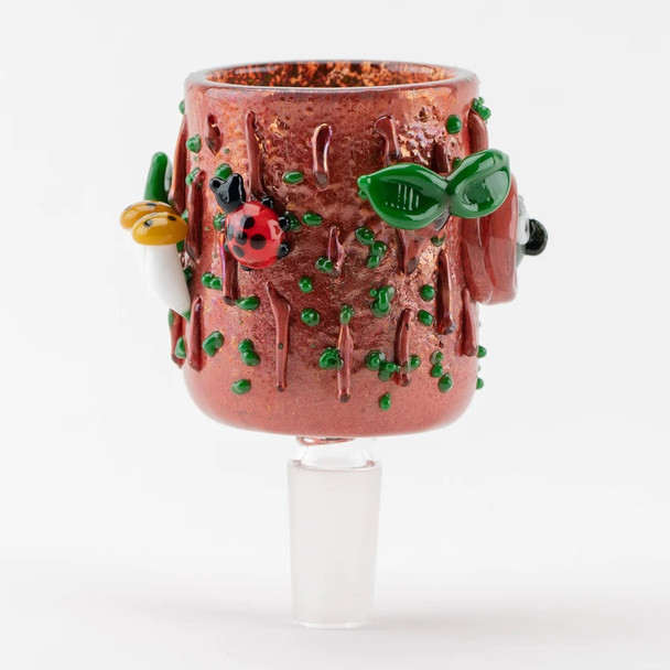 Reverse side close-up with red ladybug and leaf detail on bark texture; artisan Proxy glass cup for retail smoke gear catalogs.