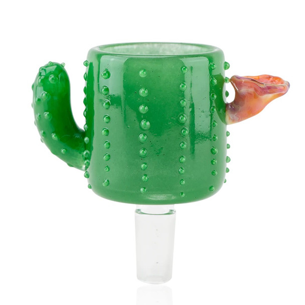 Green cactus Proxy attachment with raised glass spines and orange flower, 14.5 mm male joint; front view for wholesale head-shop catalog pages. Green cactus Proxy attachment with raised glass spines and orange flower, 14.5 mm male joint; front view for wholesale head-shop catalog pages.