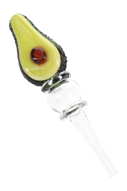 Avocadope glass dab straw, US-made 5-inch design with sculpted avocado topper and clear bulb chamber, wholesale head-shop piece on white backdrop.