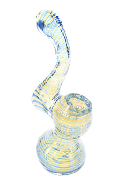Mini blue spiral striped color-changing glass Sherlock bubbler with rounded base and curved neck