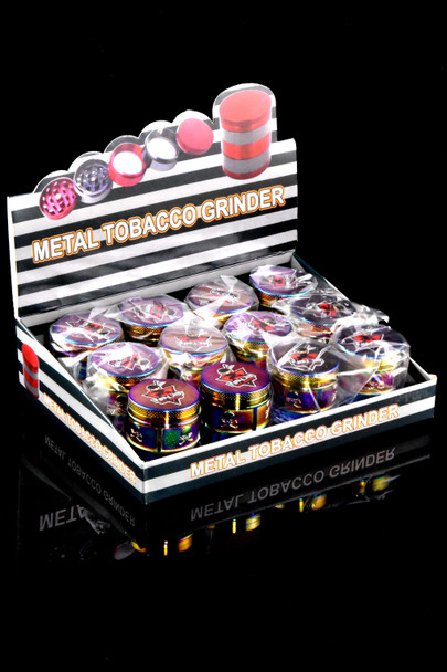 Bulk 12ct display of 40mm Ninja anodized zinc grinders for smoke shop resale.