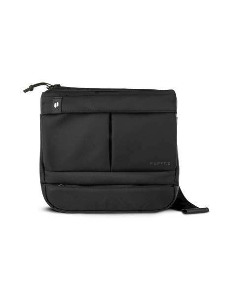 Black Proxy Travel Bag front view, clean studio angle highlighting pockets and Puffco wordmark; wholesale accessory.