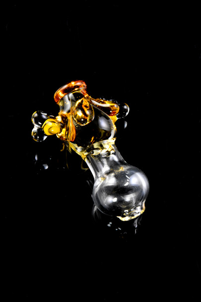 Close-up beehive Peak Pro glass ball cap on black backdrop; compact 1" borosilicate with honeycomb detail for smoke shop retail listings.