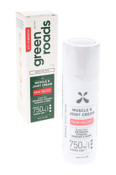 Green Roads 1 oz 750 mg Pain Relief CBD cream, airless pump with retail box, white/green, wholesale topical, clean front three-quarter view.