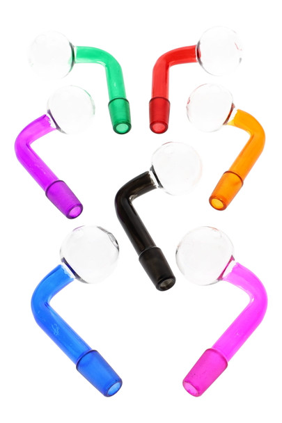US-made 14.5 mm male painted glass oil burner attachments; assorted colors, L-shaped with frosted joints for wholesale.