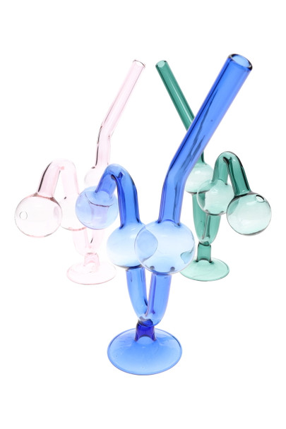 7" colored glass water dog oil burner pipes with base stands, blue/green/pink—angle on white for wholesale head-shop.