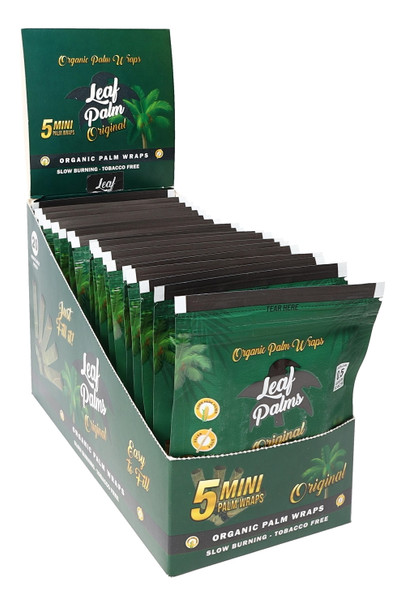Green Leaf Palms counter display for smoke-shop wholesale; 20 pouches, each with 5 mini palm wraps, front-left angle with open header card.