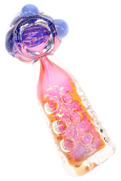 Pink and purple glass spoon pipe with striped bowl, lavender glass accents, and circular indents along the body