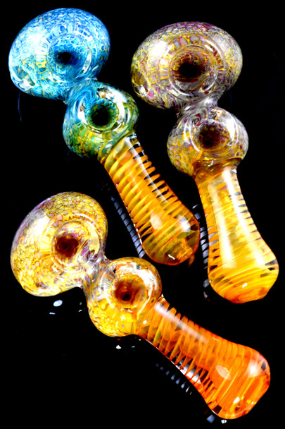 Gold Fumed Spiral Double Bowl Frit Glass Pipe - P2919
