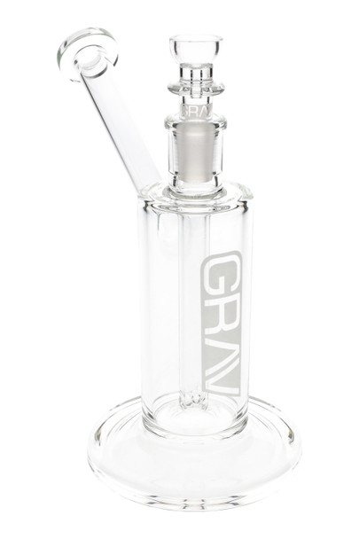 Clear 7" GRAV Medium Upright Bubbler with 14.5 mm female joint and fixed fission downstem, studio front angle on wide base for wholesale head-shop listings.