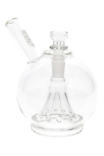 Clear GRAV globe bubbler with angled straw mouthpiece and 14.5 mm female joint, 4.75" height; conical 10-hole perc on stable base for wholesale showcases.