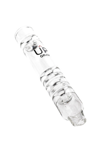 Clear GRAV Upline taster chillum with stacked restrictions and ergonomic tip, ~3–3.75" long; premium wholesale one-hitter angled on white background.