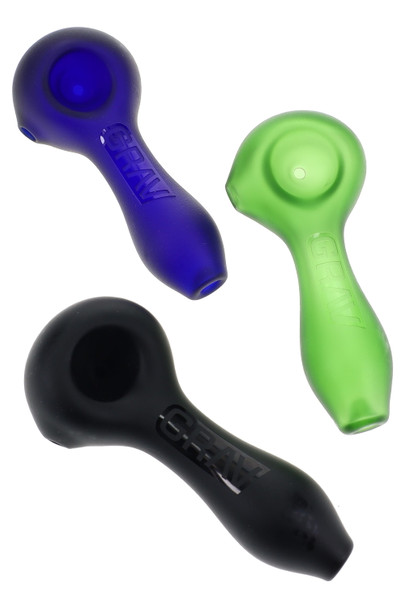 Wholesale 4-inch GRAV sandblasted matte glass spoon pipes, black, blue and green, with embossed logo, overhead trio product view on white background.