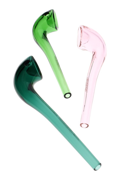 Trio of 6" GRAV Gandalfini colored-glass sherlocks in green and pink, elongated stems and deep bowls, studio top view for wholesale head-shop listings.