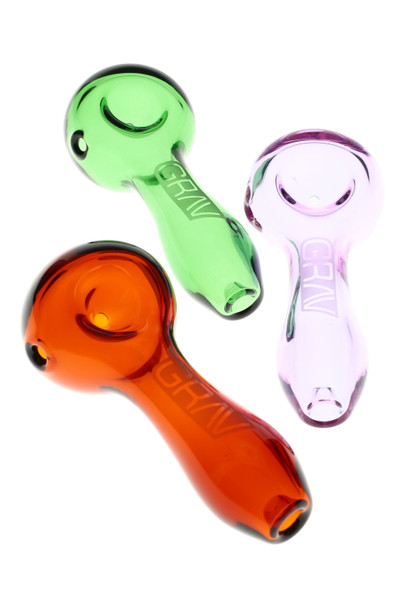 Amber, green and pink Grav glass spoons for wholesale smoking distribution.