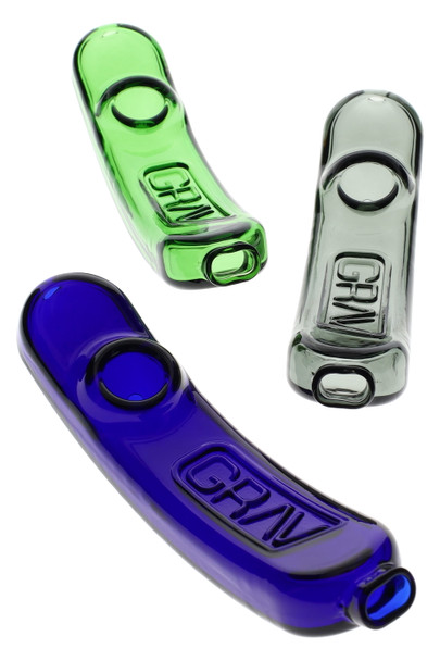 Trio of GRAV Rocker steamrollers in cobalt, green, and gray colored glass, ~5" curved no-roll bodies with end carb; wholesale head-shop product front angle.