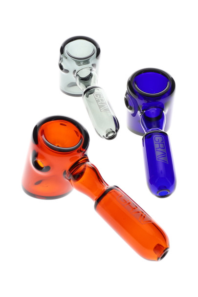 Trio of GRAV hammer hand pipes in gray, cobalt, and orange glass, 5" length with flat base and enlarged can chamber; premium wholesale head-shop showcase shot.