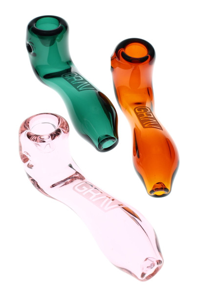 Trio of 4" GRAV mini classic sherlocks in green, amber, and pink glass with etched logos; compact wholesale hand pipes shown in clean studio top view.