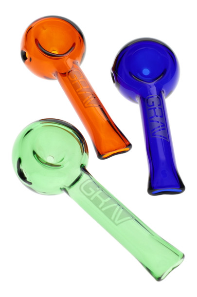 Trio of GRAV Pinch Spoons in green, orange, and cobalt, 3.25" compact lollipop profile with recessed carb and pinched mouth; wholesale head-shop product shot.