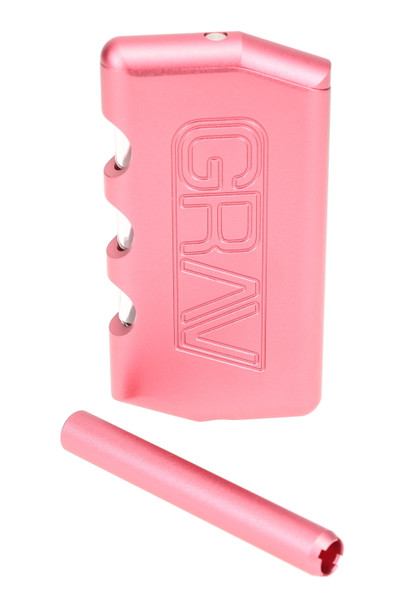 Wholesale GRAV aluminum dugout, 3.75″ pink anodized finish with windowed stash and matching taster, product front angle.