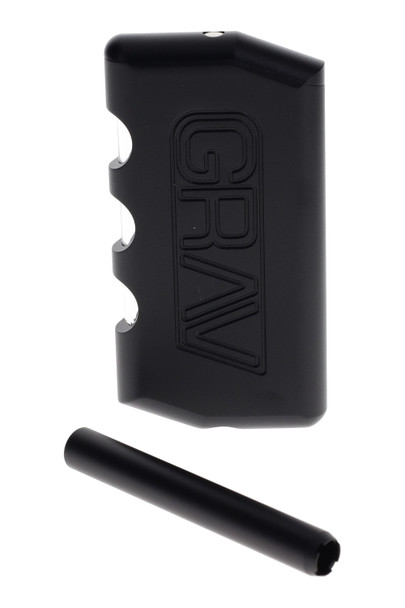 Wholesale GRAV 3.75″ aluminum dugout in black with spring-loaded aluminum taster, CNC grip grooves, front studio angle.