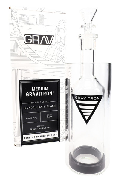 GRAV Medium Gravitron gravity water pipe, clear borosilicate with 14 mm bowl; shown beside retail box, wholesale studio shot.