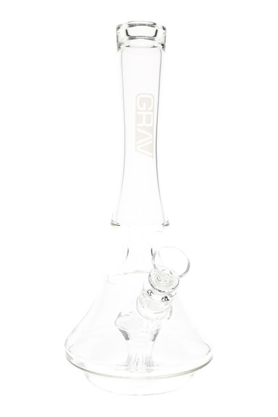 Full view of 13" clear GRAV Empress beaker with 14.5 mm female joint and wide 6" base; clean studio angle for B2B smoke-shop catalogs.
