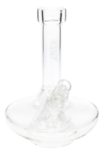 Clear ~8" GRAV wide-base water pipe with 14.5 mm female joint and fixed conical fission perc, stable round base; premium wholesale case display, front angle.