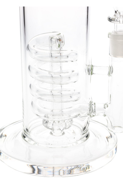 Close-up of GRAV coil intake and showerhead downstem inside clear tube with thick round base; detailed product feature shot for retail smoke shop buyers.