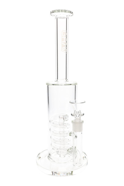 Clear 12.5" GRAV straight water pipe with 14.5 mm female joint, coil perc and showerhead downstem on a wide base; front studio view for wholesale head-shops.