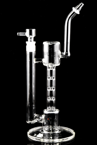 Clear 12" GRAV Upline water pipe on round base with angled mouthpiece and 14.5 mm joint; ladder perc restrictions visible, studio side view for wholesale buyers.