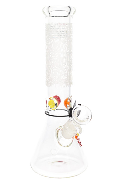 12" ROOR frosted GoG beaker, multicolor ice-pinch accents, 5 mm clear borosilicate with 18.8 mm joint; front angle studio shot for head-shop resale. 12" ROOR frosted GoG beaker, multicolor ice-pinch accents, 5 mm clear borosilicate with 18.8 mm joint; front angle studio shot for head-shop resale.
