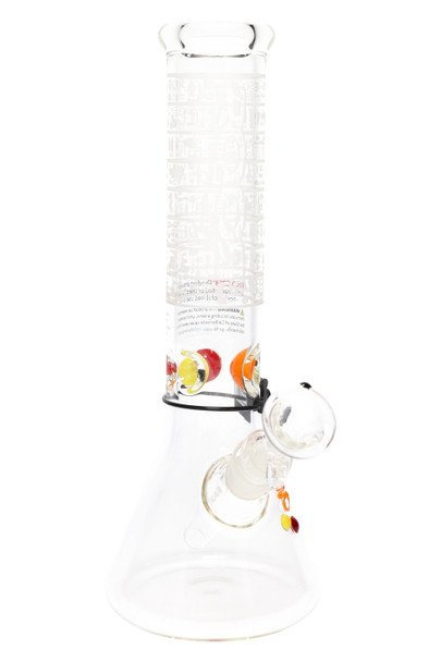 12" ROOR beaker with full frosted hieroglyph pattern, multicolor ice pinch and 18.8 mm joint; clear studio front view for wholesale listings. 12" ROOR beaker with full frosted hieroglyph pattern, multicolor ice pinch and 18.8 mm joint; clear studio front view for wholesale listings.