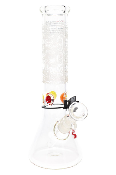 ROOR 12" beaker, frosted botanical-style band and colored ice pinch, 5 mm glass with GoG downstem; angled studio photo for retail smoke gear. ROOR 12" beaker, frosted botanical-style band and colored ice pinch, 5 mm glass with GoG downstem; angled studio photo for retail smoke gear.