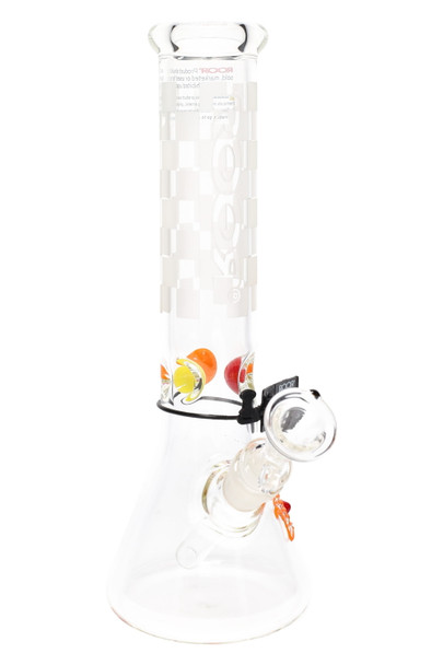 ROOR 12" beaker showing frosted checker pattern and multicolor ice pinch, 50 mm tube with 14.5 mm bowl; straight-on view for B2B catalogs. ROOR 12" beaker showing frosted checker pattern and multicolor ice pinch, 50 mm tube with 14.5 mm bowl; straight-on view for B2B catalogs.