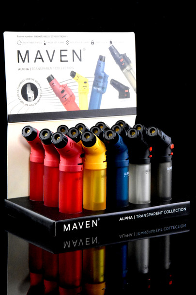Buy in bulk 15 count retail display of Maven transparent torch lighters.