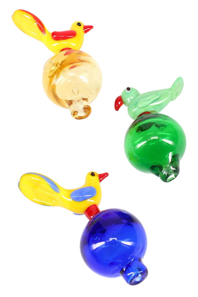 Three glass bird bubble carb caps—amber, green, and blue bases with colorful toppers; 2.25" wholesale dab accessory, bright front view on white.