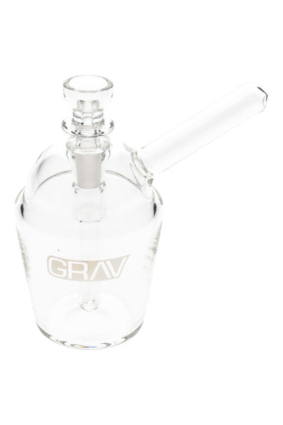 Clear GRAV slush cup pocket bubbler, 4" with 10 mm female joint and angled straw mouthpiece, logo on cup; wholesale head-shop glass, front angle. Clear GRAV slush cup pocket bubbler, 4" with 10 mm female joint and angled straw mouthpiece, logo on cup; wholesale head-shop glass, front angle.