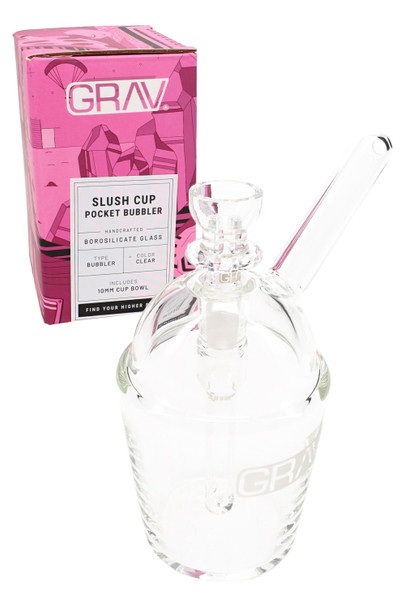 Side view of clear slush cup pocket bubbler showing reinforced walls and GRAV 10 mm cup bowl; compact 4" retail smoke-shop piece on white.