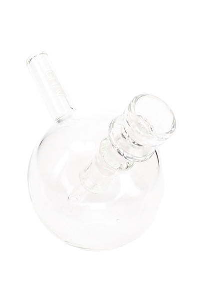 Clear 4" GRAV spherical pocket bubbler with 10 mm female joint and flat base; compact retail smoke gear shown in angled overhead studio view.